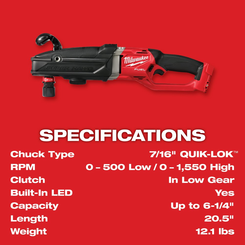 Milwaukee M18 FUEL Super Hawg Right Angle Drill with Quik - Lok System - Bare Power Tool for Professional Drilling Tasks