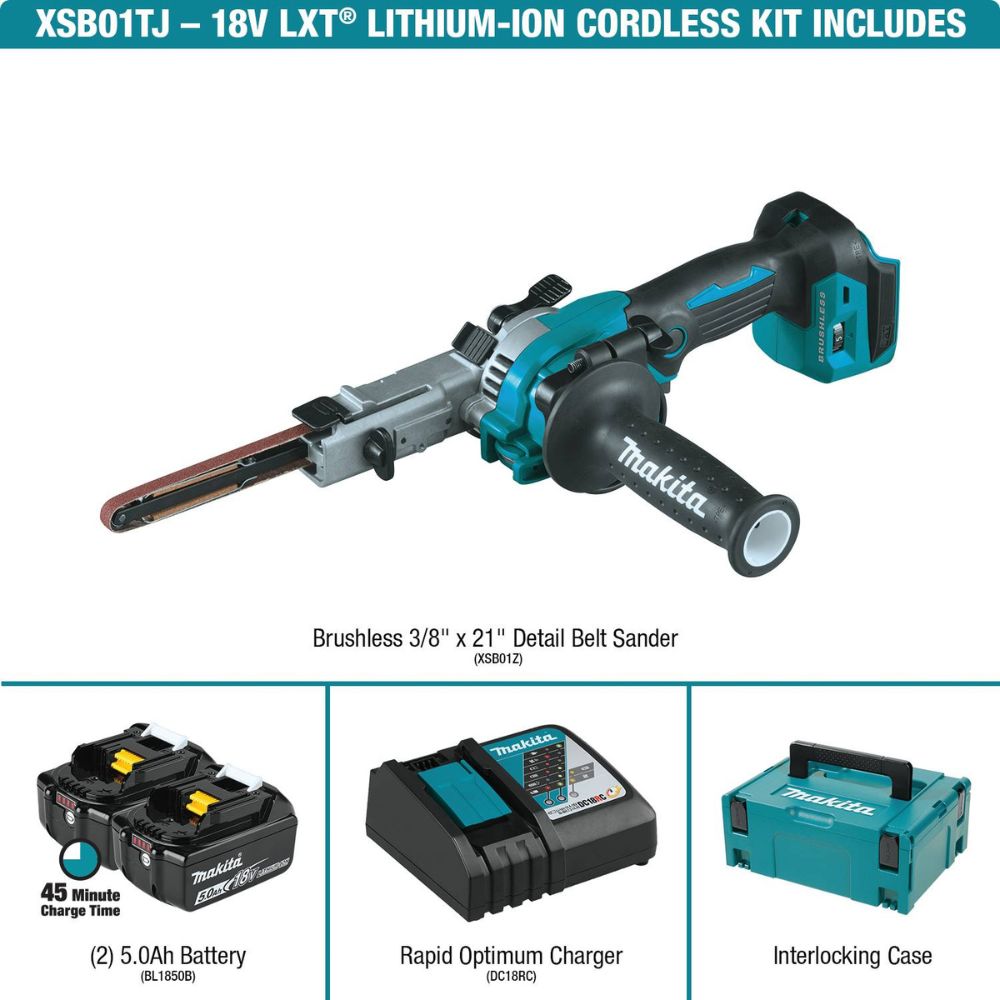 Makita 18V LXT Lithium-Ion Brushless Cordless 3/8 x 21 Detail Belt Sander Tool Kit with Bag and 5.0Ah Battery for Wood and Steel Work