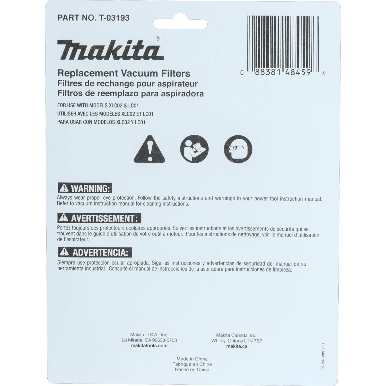 Makita Cloth Vacuum Filter Set (3-pack) for Cordless Vacuums - Model T-03193