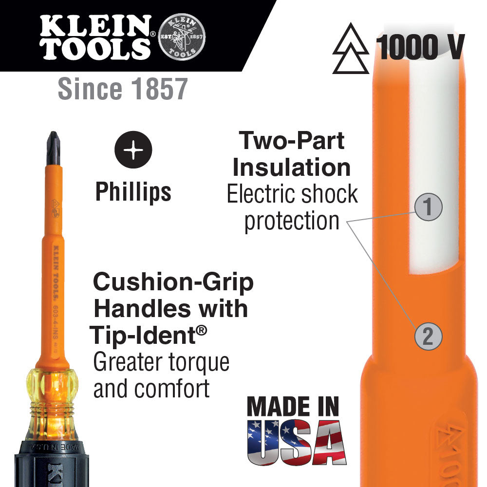 Klein Tools Insulated #2 Phillips Tip Screwdriver with 4-Inch Shank for Electrical Work