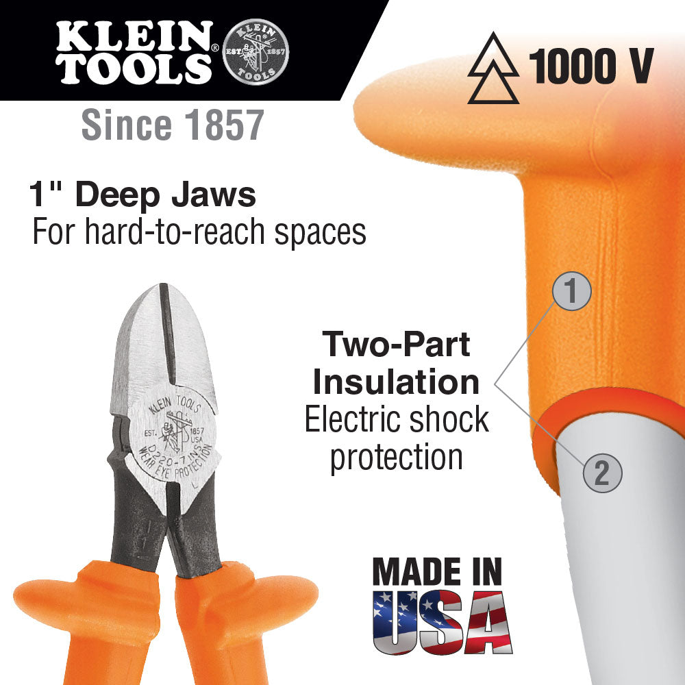 Klein Tools Heavy-Duty 7-Inch Insulated Diagonal-Cutting Pliers, Ideal for ACSR, Screws, Nails and Hardened Wire