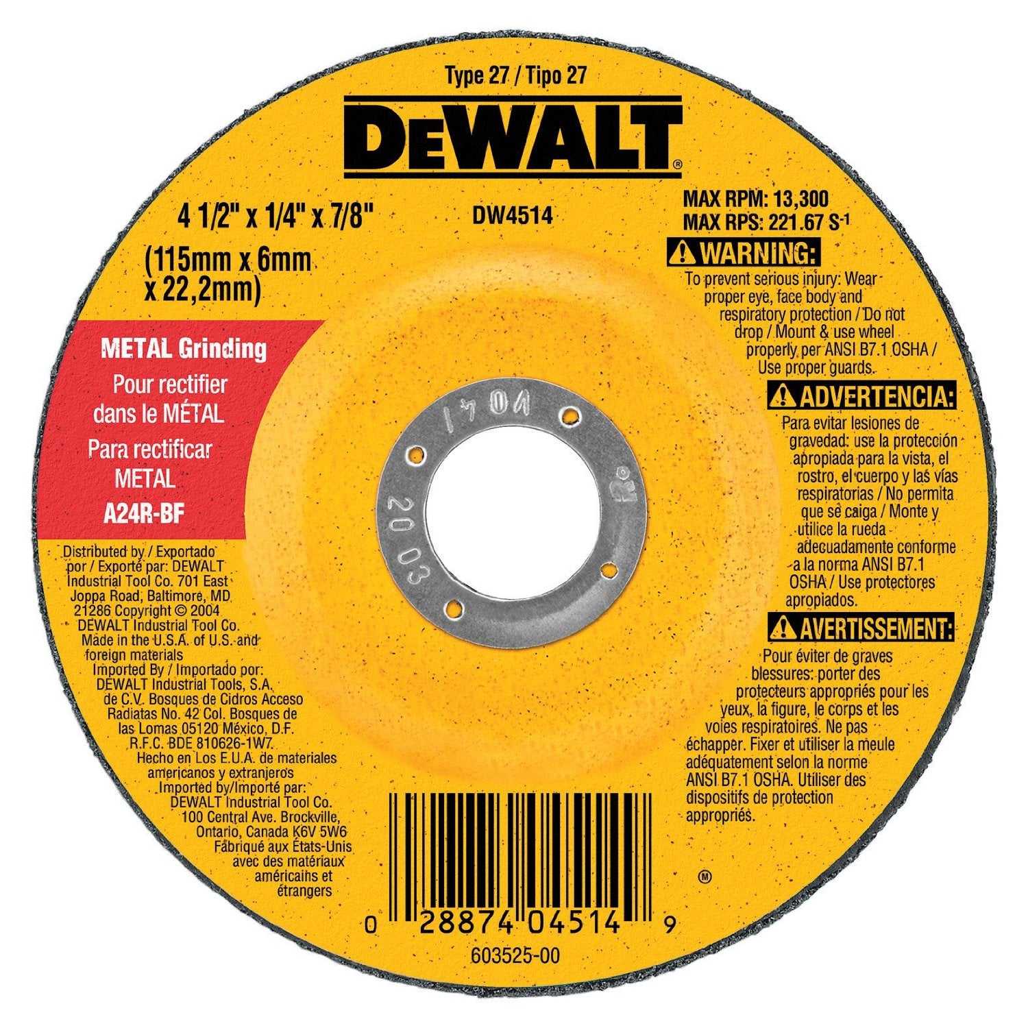 DeWalt DW4719 7 x 1/4 x 7/8 General-Purpose Metal Grinding Wheel for Effective Metal Grinding Tasks
