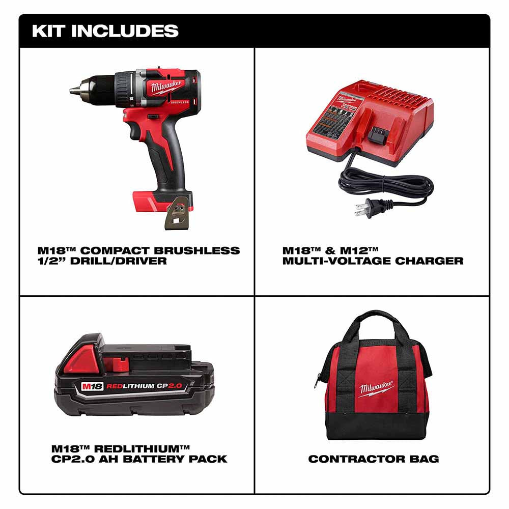 Milwaukee M18 Cordless Brushless Drill Driver Kit - Including One CP2.0 Battery Pack, Ideal for Compact and Efficient Drilling Tasks