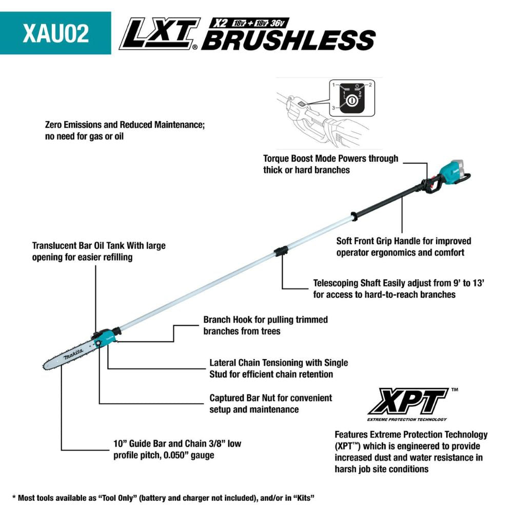 Makita 36V (18V X2) LXT Brushless 10" Telescoping Pole Saw, 13-Foot Length, Tool-Only