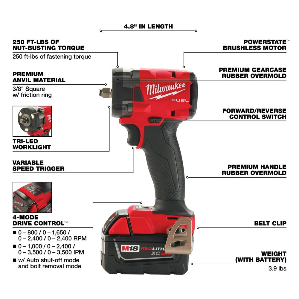 Milwaukee M18 FUEL 3/8 Inch Compact Impact Wrench with Friction Ring - Cordless Bare Tool for High - Torque Applications