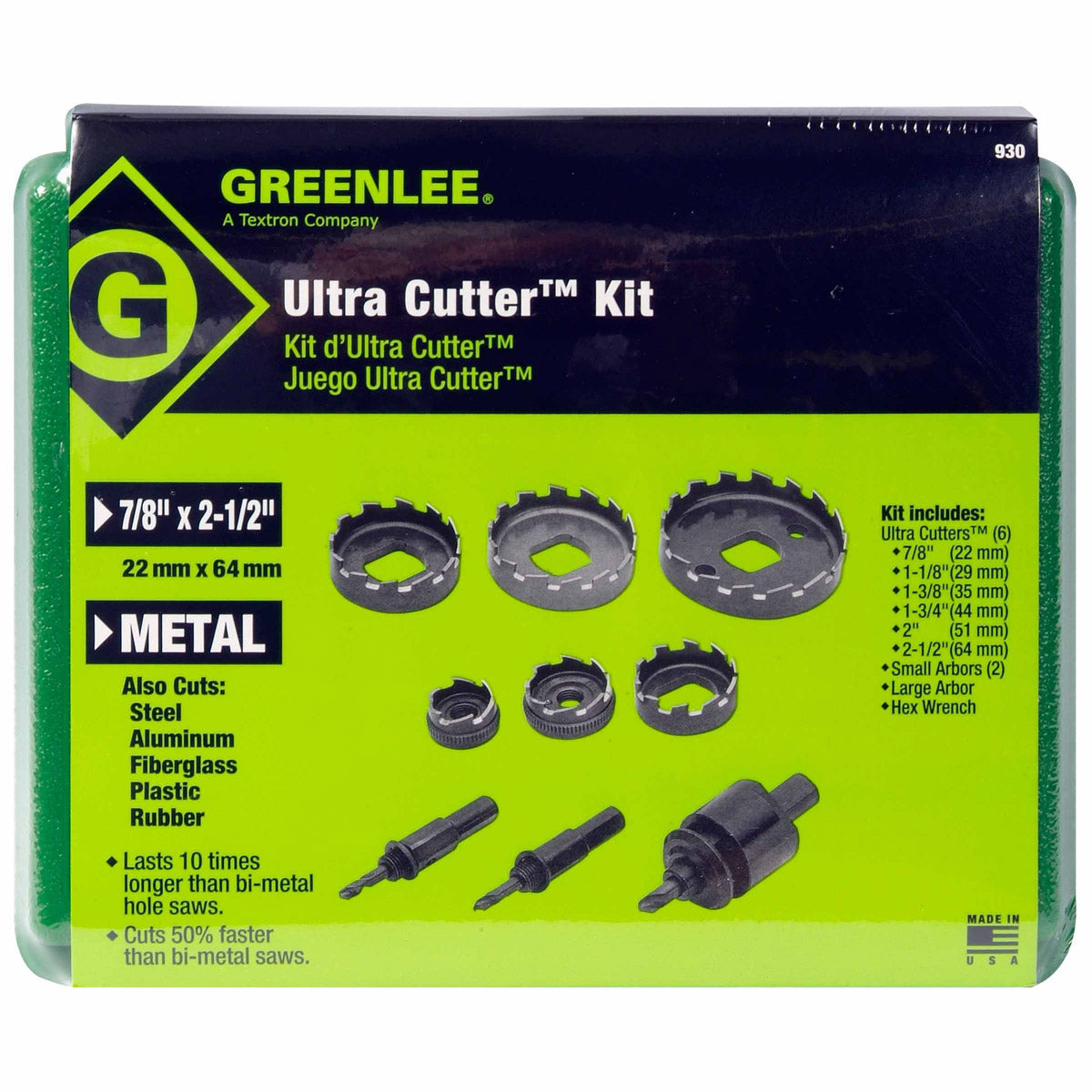 Greenlee 930 High - Speed Steel Ultra Hole Saw Cutter Kit for 7/8 - 2-1/2 Inch Cutting Applications