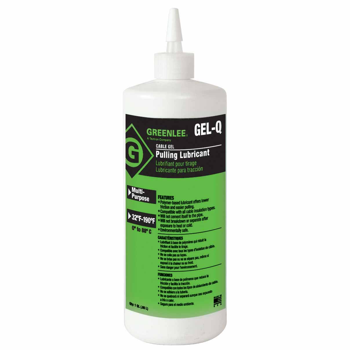 Greenlee GEL-Q Cable Pulling Lubricant - High - Performance Polymer - Based Lubricant in 1 Quart Squeeze Bottle
