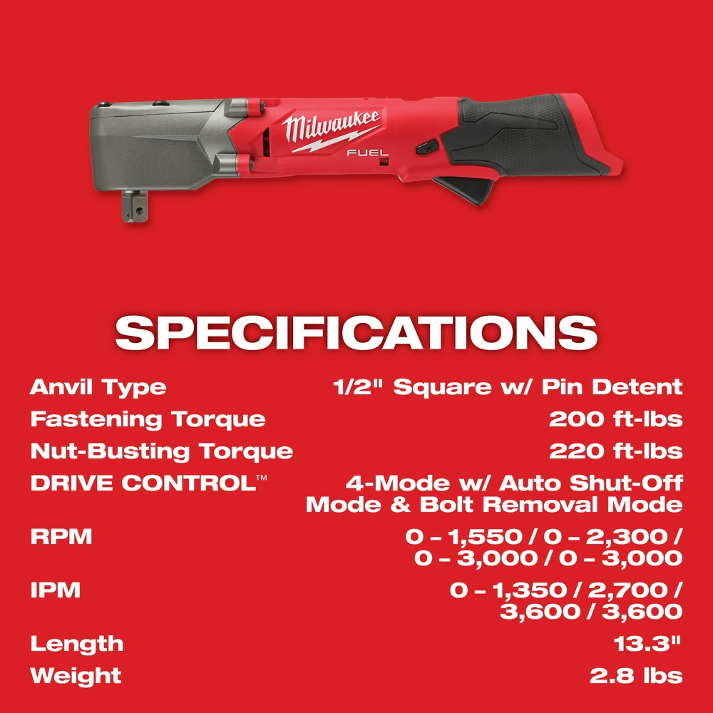 Milwaukee M12 FUEL 1/2 Right Angle Impact Wrench with Pin Detent - Bare Tool for High - Torque Jobs