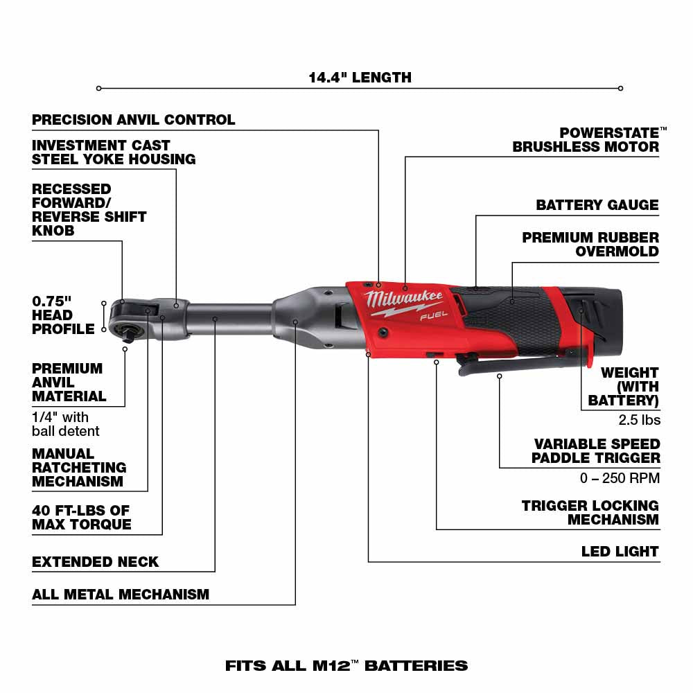 Milwaukee M12 FUEL 1/4 Extended Reach Ratchet 1-Battery Kit with High-Torque Performance