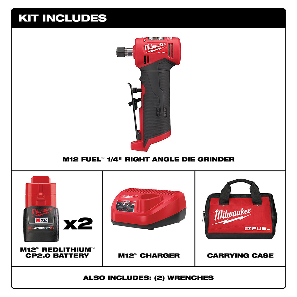 Milwaukee M12 FUEL 2485-22 Two-Battery Kit Right Angle Die Grinder for Pro Mechanics