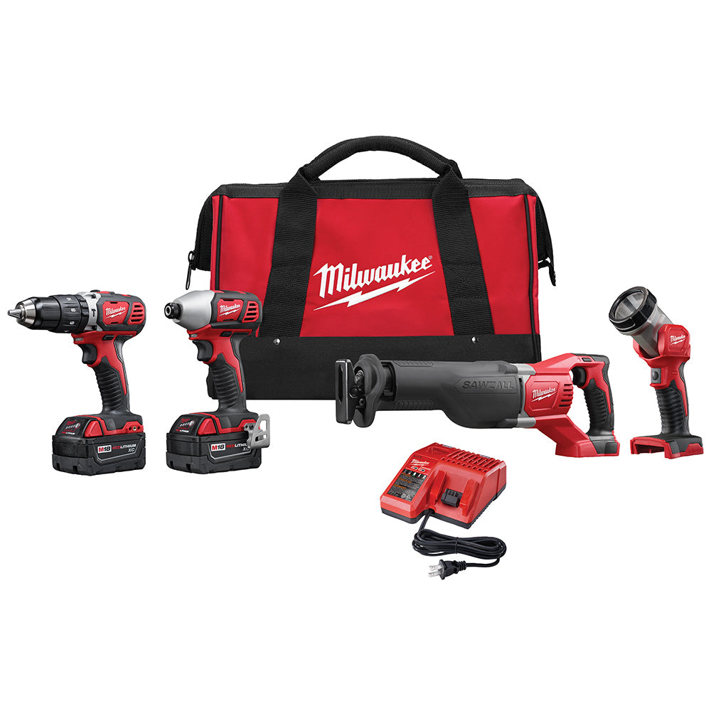 Milwaukee M18 Cordless 4-Tool Combo Kit - Compact Hammer Drill, Sawzall, 1/4 Hex Impact Driver, Work Light, Charger, and 2 Batteries