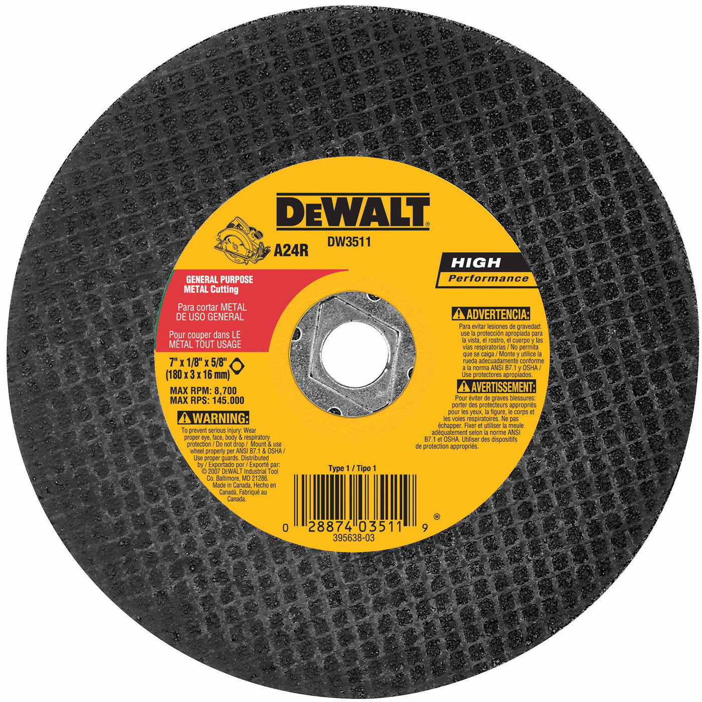 DeWalt DW3511 7 - inch by 1/8 - inch Metal Cutting Abrasive Saw Blade in Bulk Packaging