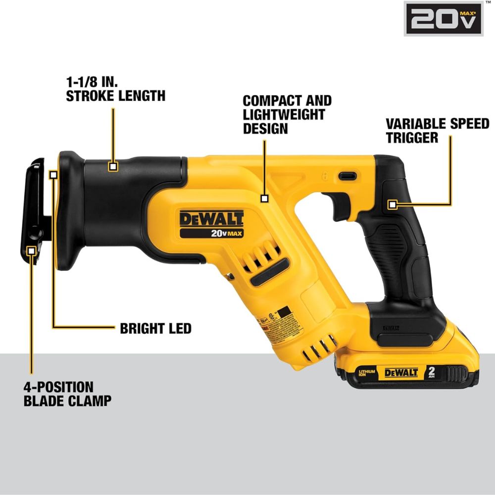 DeWalt 20V Max Compact Lithium Ion Cordless Reciprocating Saw Kit with 2-Amp Hour Battery